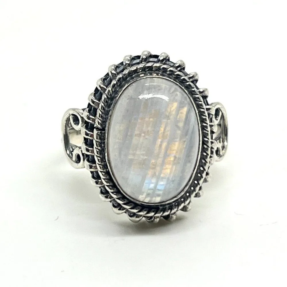 STERLING SILVER MOONSTONE Ring Oval Cabochon India  Signed Vintage Size 7.5